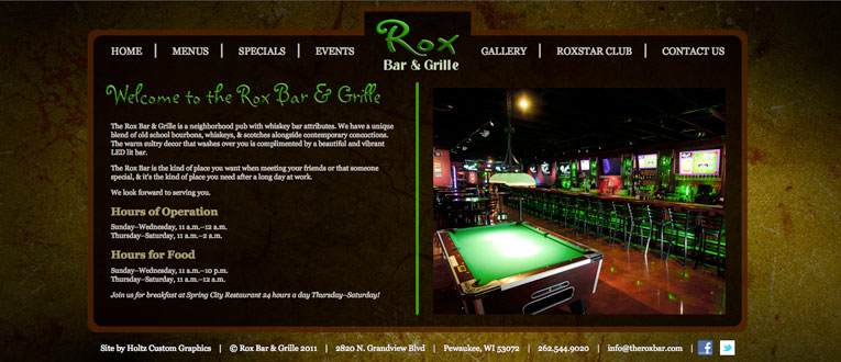 screenshot of Rox Bar & Grille website